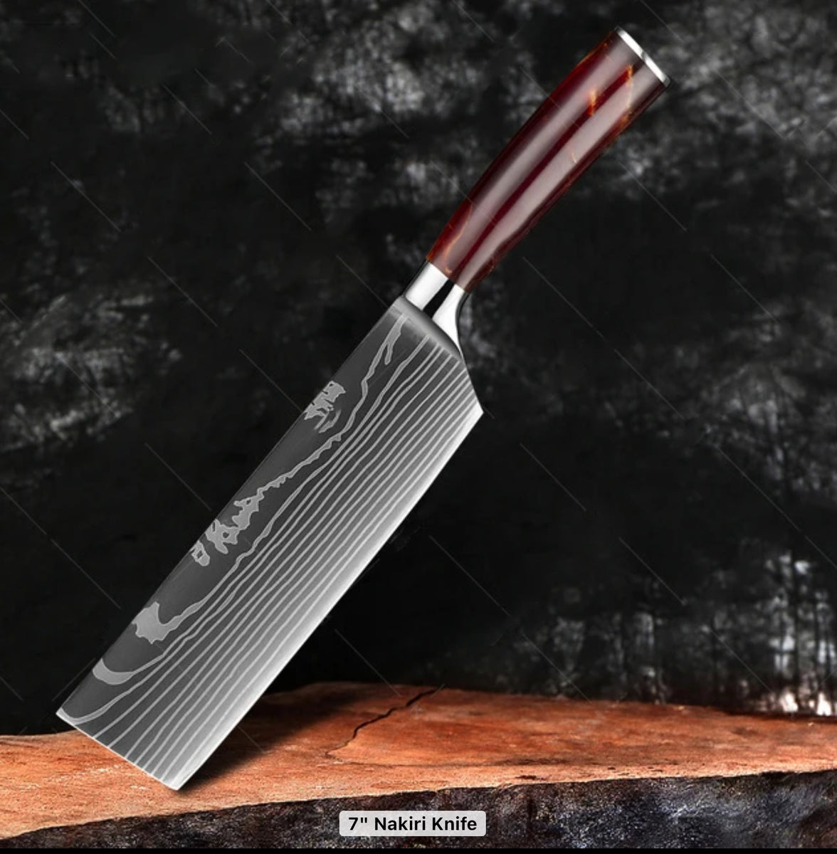 Professional 7” Nakiri / Cleaver Knife Stainless / Wood Handles BBQ