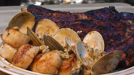 RIB STEAK AND SCALLOPS WITH CLAM SAUCE